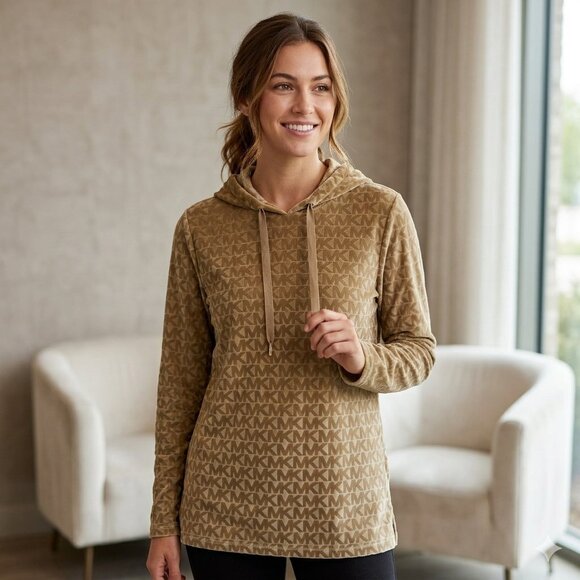 MICHAEL Michael Kors Tops - Michael Kors Women's Velour Monogram Logo Hoodie Size Medium Gold MK Print